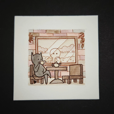 Illustration of a black demon sitting in a coffee shop drinking tea, with a character passing the window and looking.