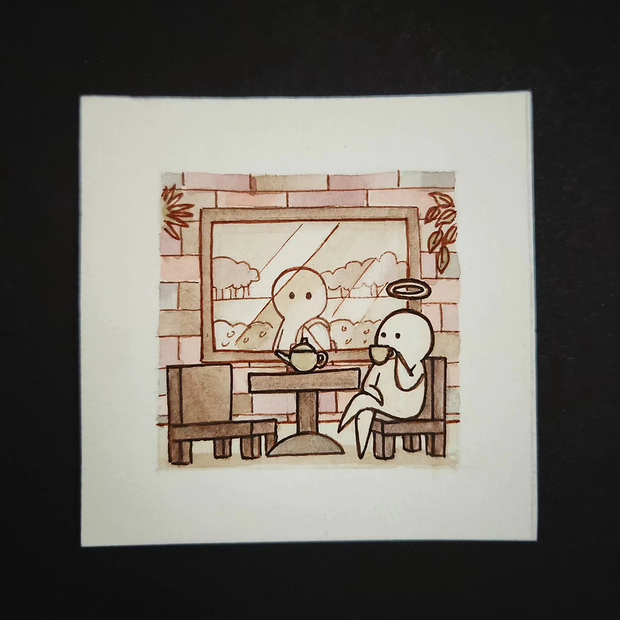 Illustration of a character with a halo sitting in a cafe and drinking a cup of coffee, with another character looking through a window at them.