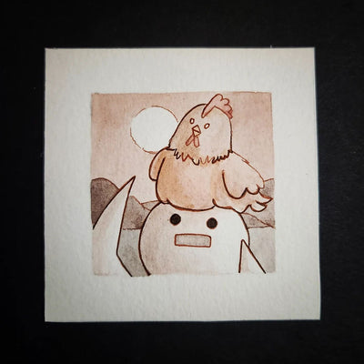 Illustration of a chicken sitting atop of a character's head.