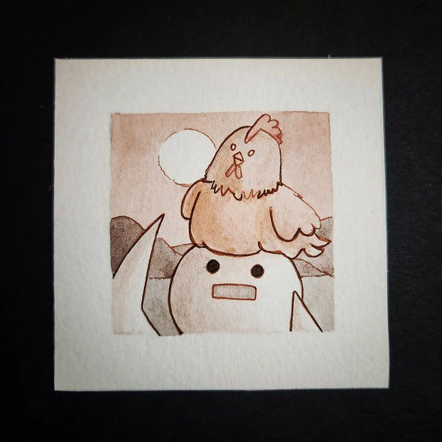 Illustration of a chicken sitting atop of a character's head.