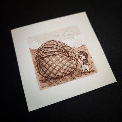 Illustration of a large armadillo, curled up with a little character standing nearby.