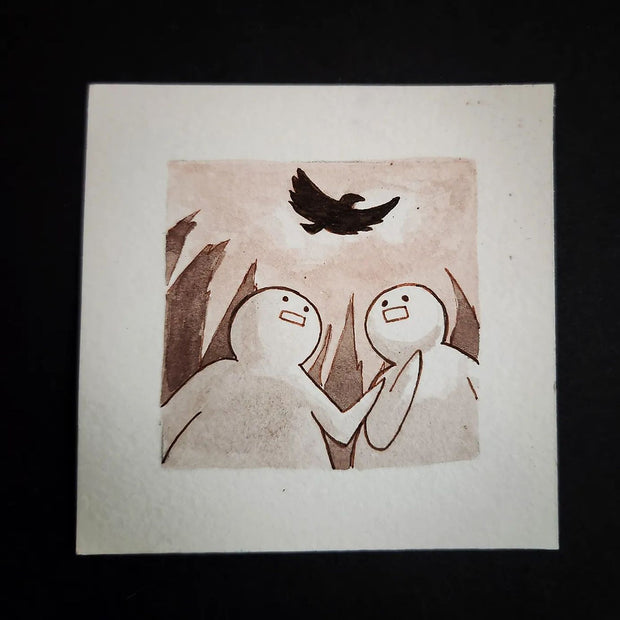 Illustration of 2 characters looking scared with a crow flying overhead.