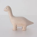 Wooden figure of a dinosaur with a long neck on a white background