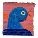 Painting of a blue pigeon character, seen from the shoulders up, it has a wide eye and its beak open.