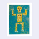 Painting of a yellow boxy skeleton with white striping and simplistic features. Background is teal. 