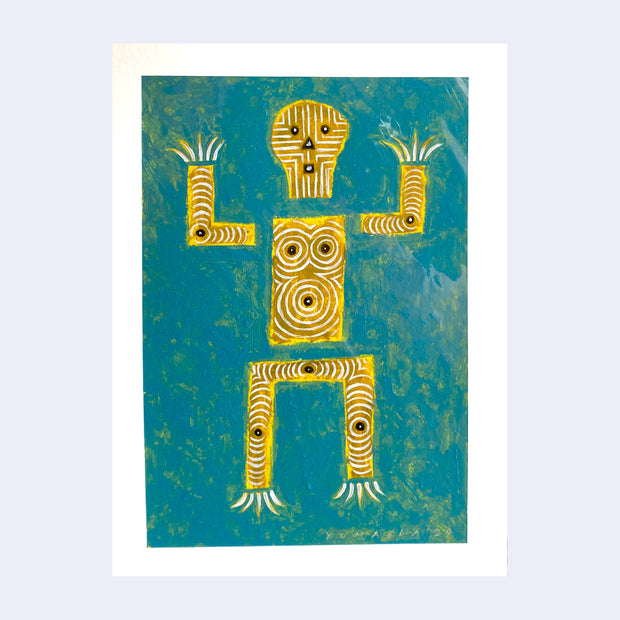Painting of a yellow boxy skeleton with white striping and simplistic features. Background is teal. 