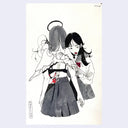 Marker sketch of a girl with angel wings and a halo, facing away from viewer and another girl with a bloody hand hugging her.