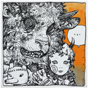 Painting of a very furry beast, with spiral eyes and horns. An androgynous person clings to their fur and says "yes."