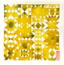 Geometric watercolor painting of yellow and olive green shapes with sharp gold outlines.
