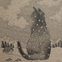Ink illustration of a very large black cat sitting in a snowy landscape, faced away from the viewer, with a small cabin to its side.