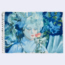Painting of a blue monochromatic woman with flowing hair, holding a rose.