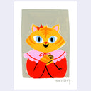 A stylized artwork featuring an orange tabby cat character with large blue eyes, wearing a red outfit and pink collar, centered on a white background with a light gray border.