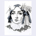 Ink drawing of a woman's face, with short blue and white hair and feathers coming out of her hair. She is shaded with cross hatching.