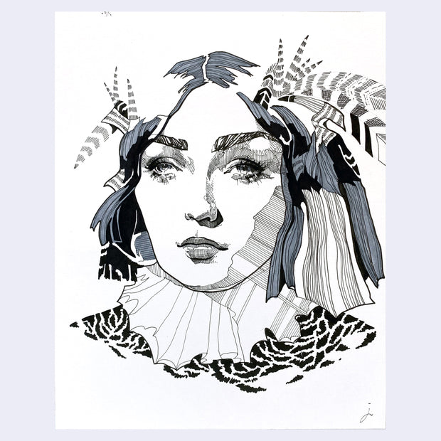 Ink drawing of a woman's face, with short blue and white hair and feathers coming out of her hair. She is shaded with cross hatching.