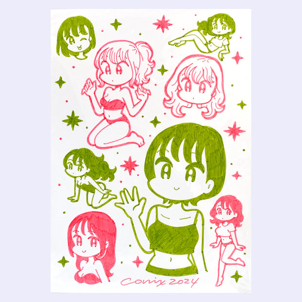 Hot pink and green ink drawing on white paper of many cute anime style girls, in various poses and cute outfits.
