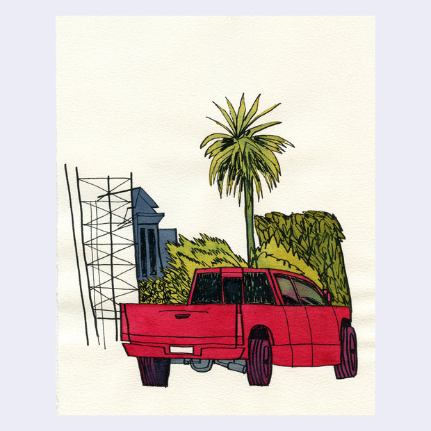 Painting of a red truck, driving away towards a palm tree and other greenery.