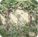 Ink and watercolor illustration of small cartoon skeletons in a forest clearing. One holds up a tiny gold frog while a bigger gold frog looks on.