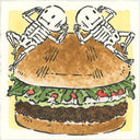 Ink and watercolor illustration of a burger with 2 skeletons resting atop of it, posed in a comical position with their biceps flexed.