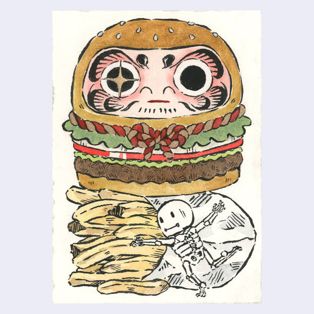 Painting of a burger made to look like a daruma, positioned atop of fries with a small skeleton character splayed out in front.