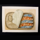 Illustration of a sardines tin with the lid peeled back, revealing blue and red fish.