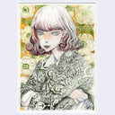 Pencil and watercolor illustration of a woman wearing a paisley patterned collared shirt and posing with her arms crossed over a chair or other object. Background is florals.