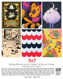Collage of various colorful illustrations with promotional text for an art event.