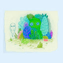 A whimsical illustration featuring a green cartoon shrub character nestled among colorful stylized plants and trees, with a small ghost figure on the left, all on a torn-edge cream paper background against a light blue backdrop.