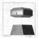 Graphite illustration of a room with a giant viewing window and a silhouetted person standing inside of it, hovering over a platform.