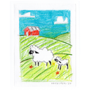A colored pencil drawing on white paper depicting a red barn, green hills, blue sky, and two white sheep with black faces.