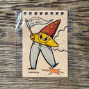 Illustration of a cartoon yellow star, wearing paints, a party cap and smoking a cigarette.