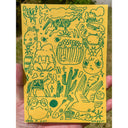 Green ink illustration on yellow paper of many doodles, mostly of sea animals, horses and cats.