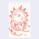 Red colored pencil illustration of a sun shaped flower with a thin stem. It has a calm, closed eye expression. 