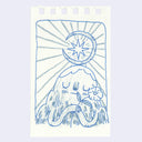 Blue line art illustration of a mountain with arms and a closed eye facial expression, holding a flower to its chest. A crescent moon and a star balance atop its head.