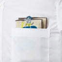 Cream colored rectangle shaped towel with rounded shapes to represent several thunder clouds, with rain coming out of them and 2 lightning bolts. Atop the upper right cloud is a small gray yokai god character, producing a lightning bolt of its own. Folded in a pocket.