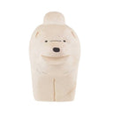 Wooden figurine of a fluffy chow chow dog, standing with its mouth open in a smile.