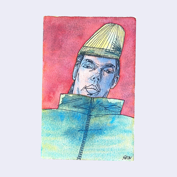 Watercolor portrait of a man wearing a yellow beanie and green jacket, background is red.