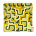 Geometric watercolor painting of yellow and olive green curved shapes.