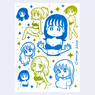Green and blue ink drawing on white paper of many cute anime style girls, in various poses and cute outfits.