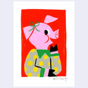 A stylized art work featuring a pink pig character with a green bow and polka-dot clothing, set against a bold red square on a white paper background with a light gray outer margin.