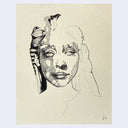 Ink drawing on cream colored paper of a woman's face , mostly unrendered with half her face shaded with cross hatching. 