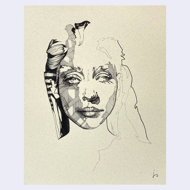 Ink drawing on cream colored paper of a woman's face , mostly unrendered with half her face shaded with cross hatching. 