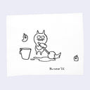 Black line drawing of a cartoon character with a bucket and a fish on a white background