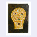 Painting of a yellow skull with white lining and some simplistic facial features.