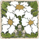 Illustration on tan paper of 3 small cartoon skeletons standing in a triangular cheerleader pose with 3 large abstract white flowers overhead.