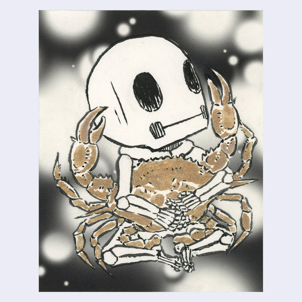 Illustration of a cartoon skeleton holding a large golden crab in its lap.