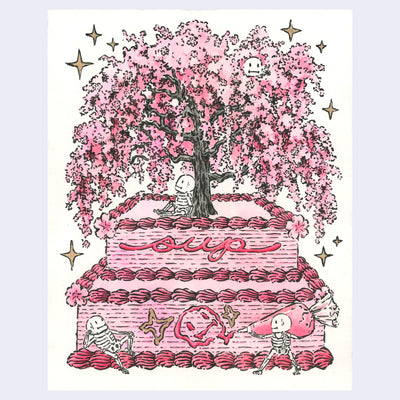 Ink and watercolor illustration of a 2 layered pink frosted sheet cake, which reads "sup" in cursive on the side of the top tier and an illustration of a skull and sparkles made from icing on the bottom tier. Atop the cake is a large cherry blossom tree. Small skeletons decorate and interact with the scene.