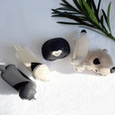 Set of several wooden animal figurines, displayed in a semi circle and seen from overhead.