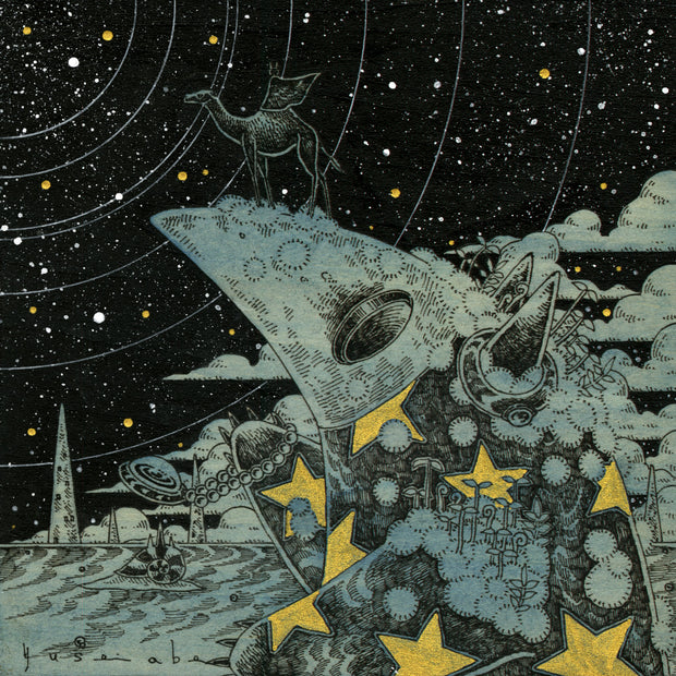 Fine line ink illustration on blue tinted wood panel with gold color accents of a small creature wearing a plague mask. It holds a chained necklace and has a small camel walking on its mask. Greenery grows from its shoulders and back. A starry night sky with concentric circles makes up the background, with a small amount of desert floor.