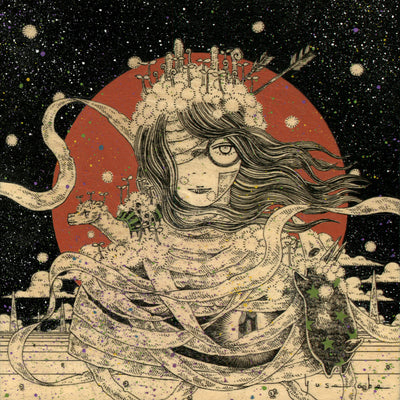Fine line ink illustration on exposed wood panel of a woman wearing glasses, with a bandaged right eye. The bandages unravel all over her body. Sprouts grow atop her head, with a small came atop her shoulder. A large red/orange moon looms in the starry night sky behind her.
