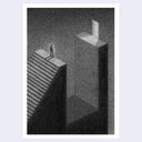 A black and white art work featuring a minimalist, geometric scene of a small figure standing on a staircase next to a tall rectangular structure, presented with a white border on a light gray background.